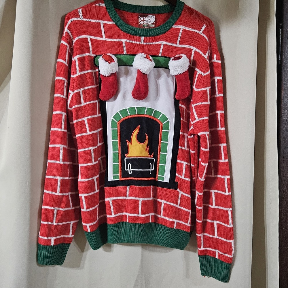 Ugly Party Sweater Dec 25th Christmas Fireplace‎ Detachable Stocking Pullover Lg